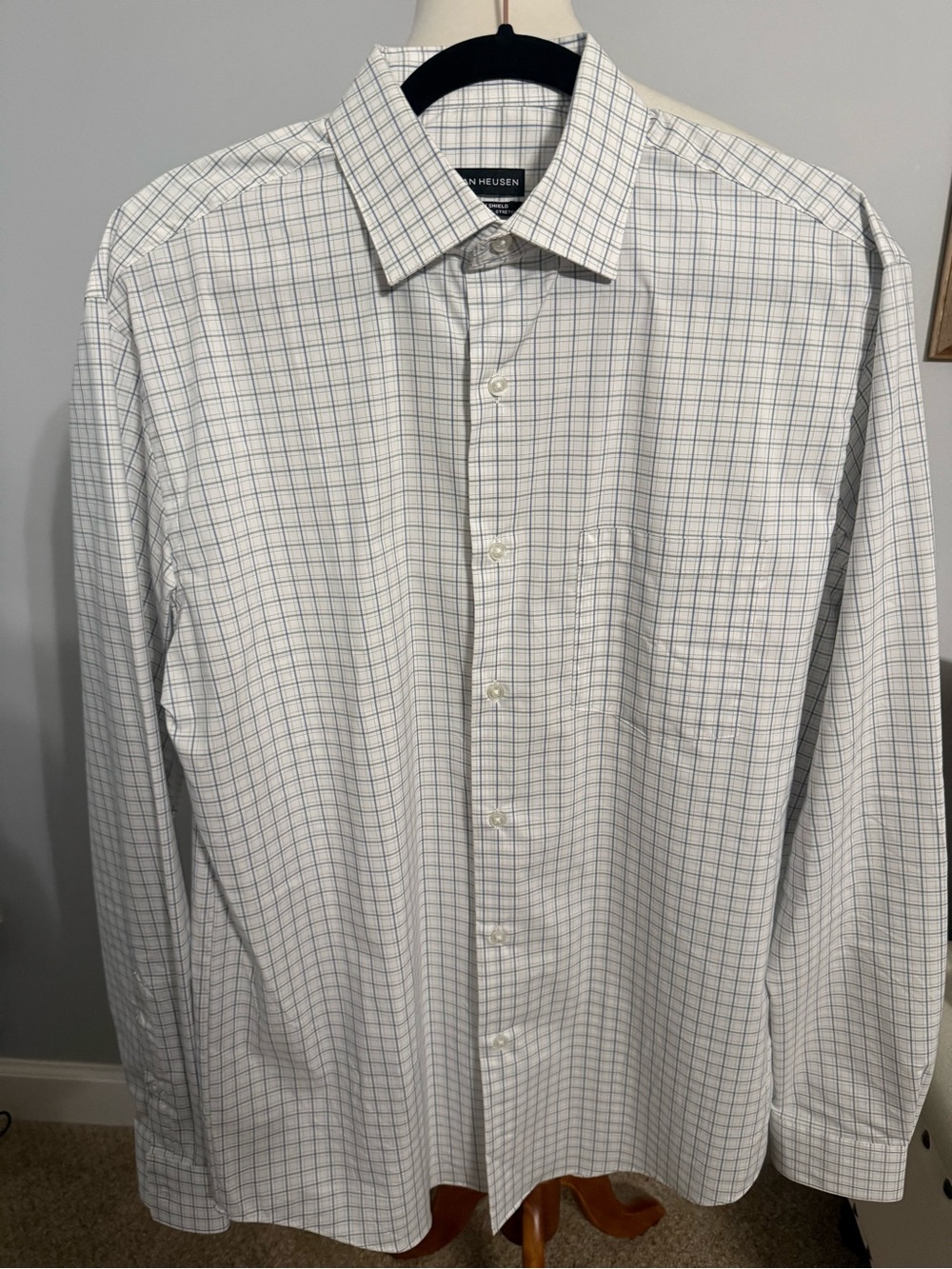 Van Heusen White Dress Shirt with Blue Windowpane Grid